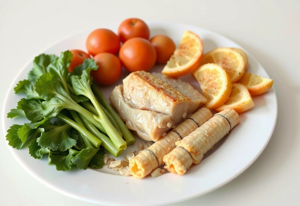 A serene image of a balanced meal with fresh vegetables, lean protein, and whole grains, artfully arranged on a clean plate, emphasizing healthy eating.