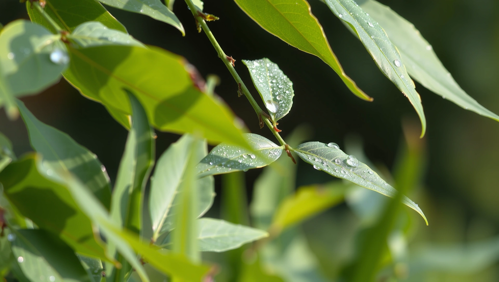 Serene nature scene with dew-kissed leaves and soft morning light