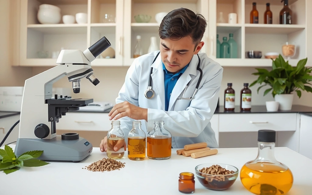 Scientist examining botanical extracts in a clean lab