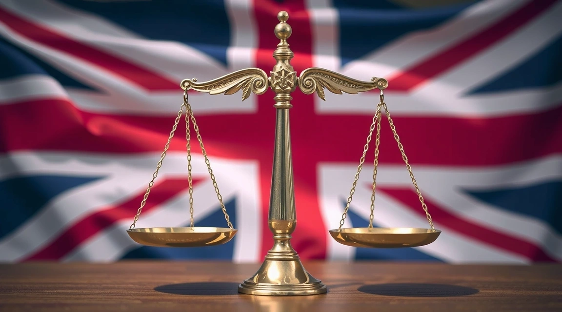 Scale of justice icon with UK flag in background